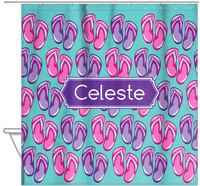Thumbnail for Personalized Beach Shower Curtain XIII - Flip Flops - Decorative Rectangle Nameplate - Hanging View