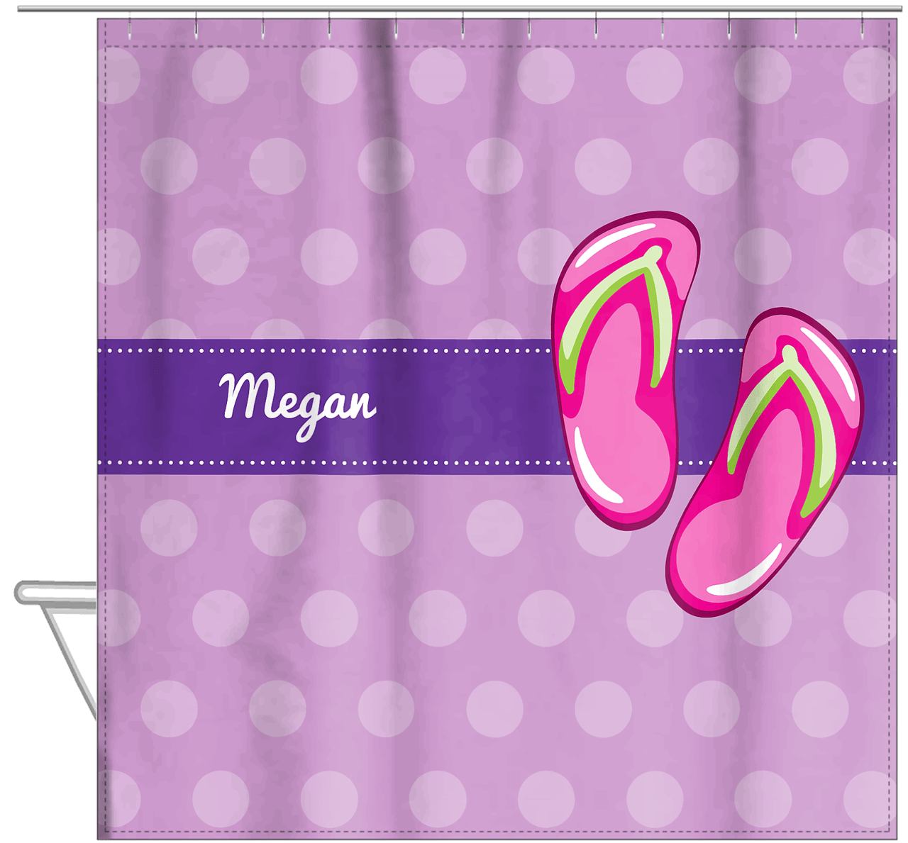 Personalized Beach Shower Curtain XIV - Flip Flops - Polka Dot Background - Hanging View