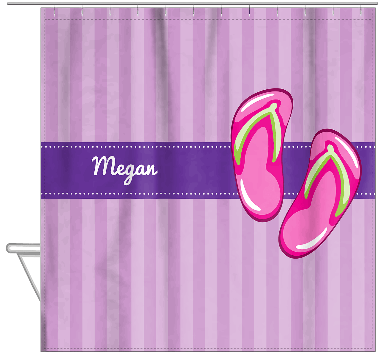 Personalized Beach Shower Curtain XIV - Flip Flops - Vertical Stripes Background - Hanging View