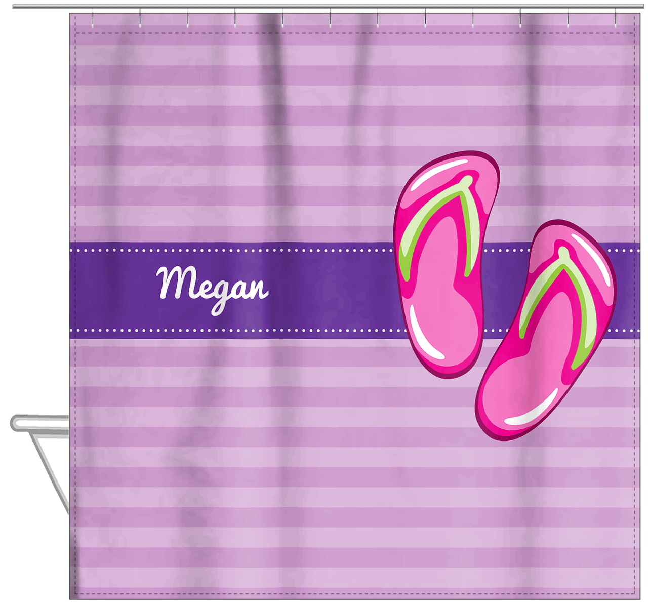 Personalized Beach Shower Curtain XIV - Flip Flops - Horizontal Stripes Background - Hanging View