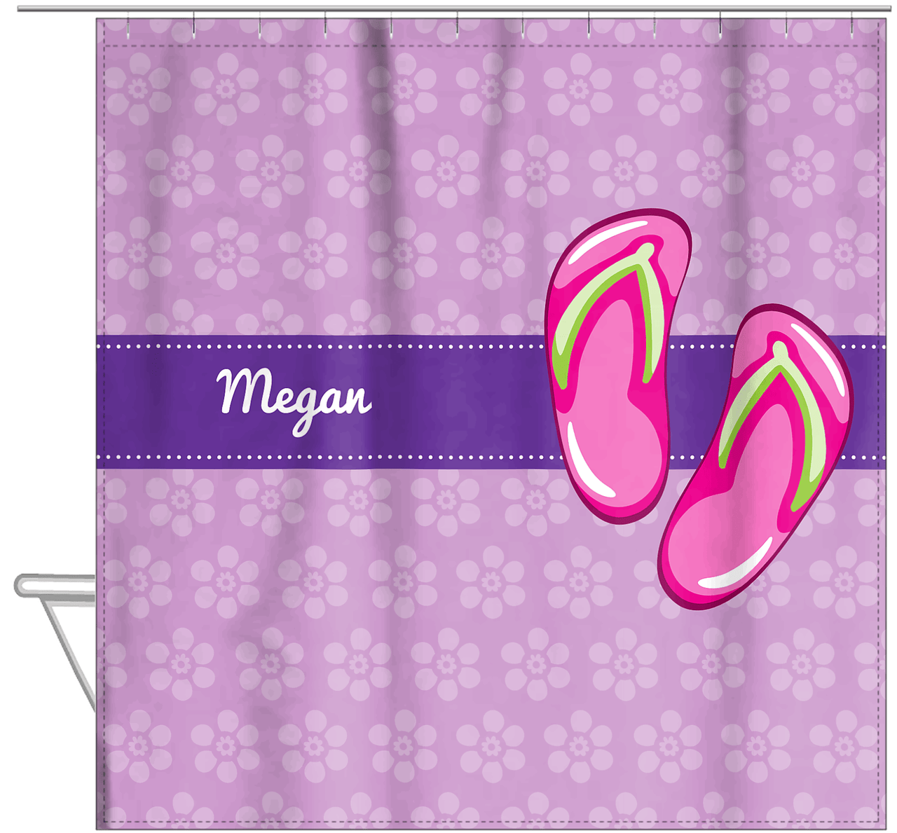 Personalized Beach Shower Curtain XIV - Flip Flops - Flowers Background - Hanging View