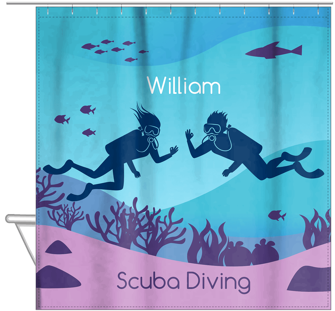 Personalized Beach Shower Curtain XV - Scuba Diving - Hanging View
