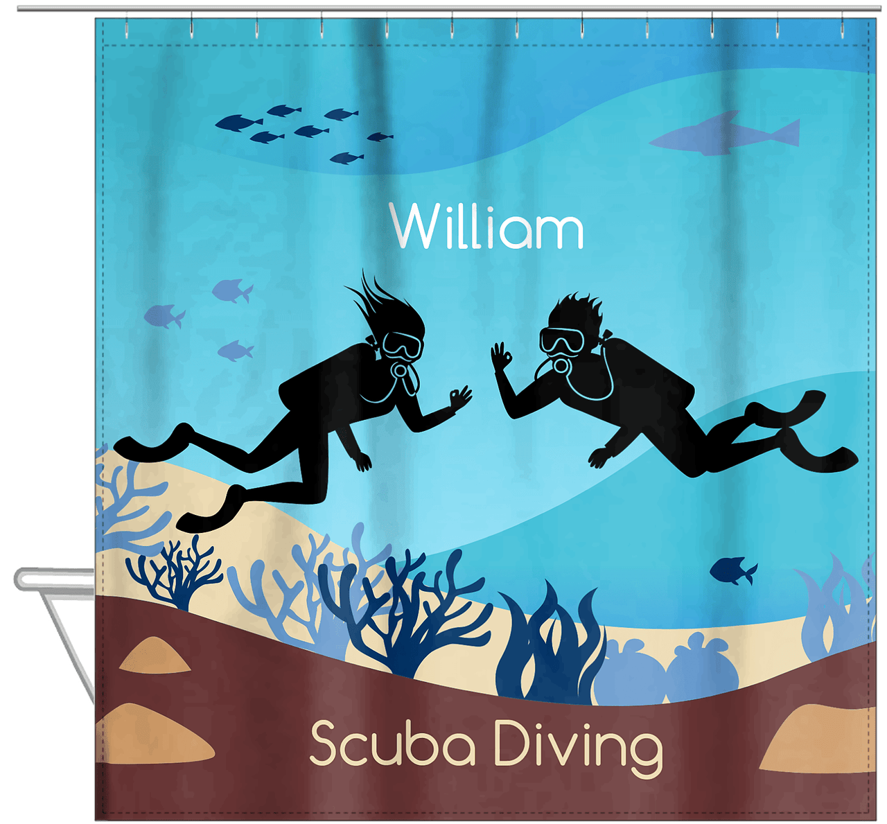 Personalized Beach Shower Curtain XV - Scuba Diving - Hanging View