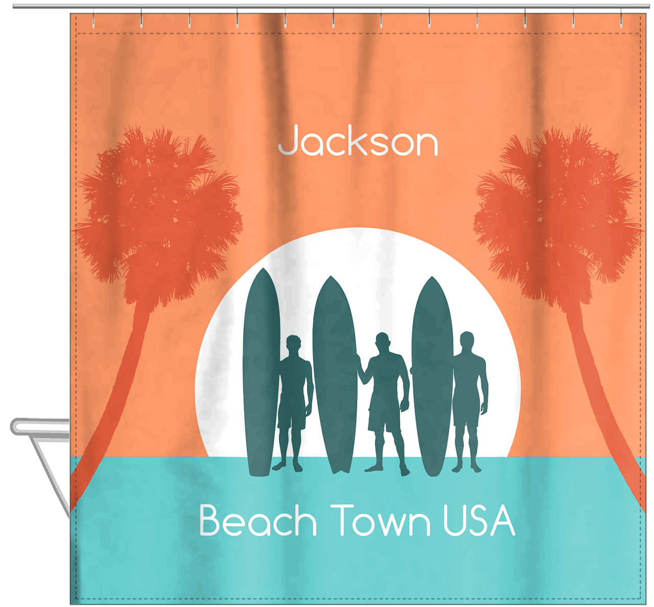 Personalized Beach Shower Curtain XVII - Beach Town - Hanging View