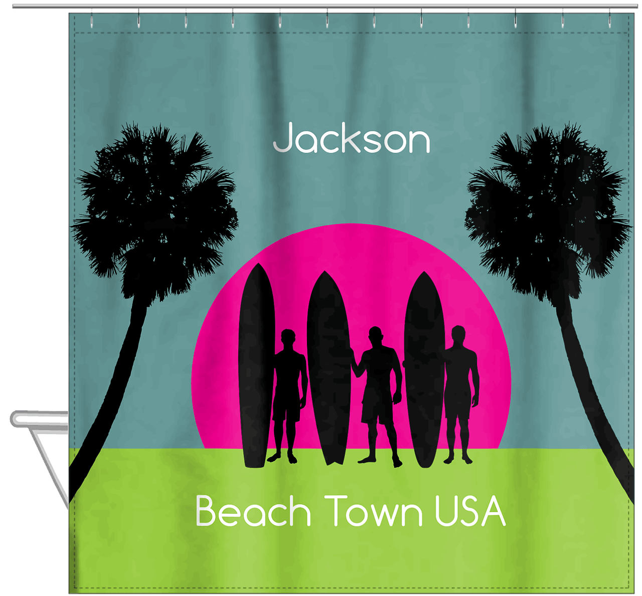 Personalized Beach Shower Curtain XVII - Beach Town - Hanging View