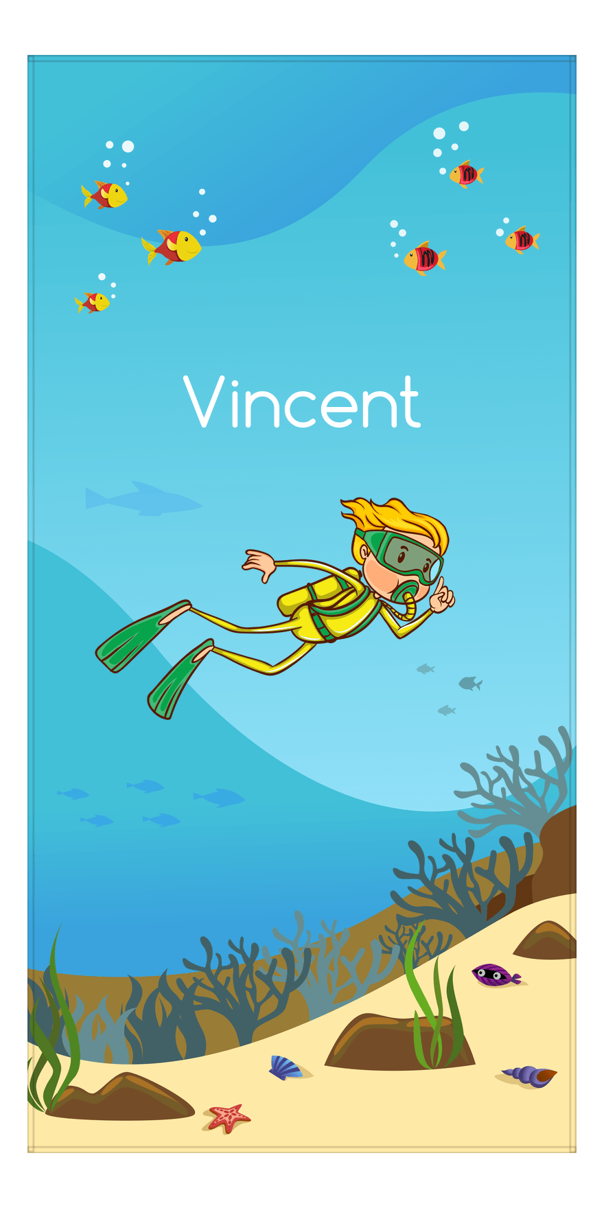 Personalized Beach-Themed Beach Towel IV - Scuba Diving - Blond Boy - Front View