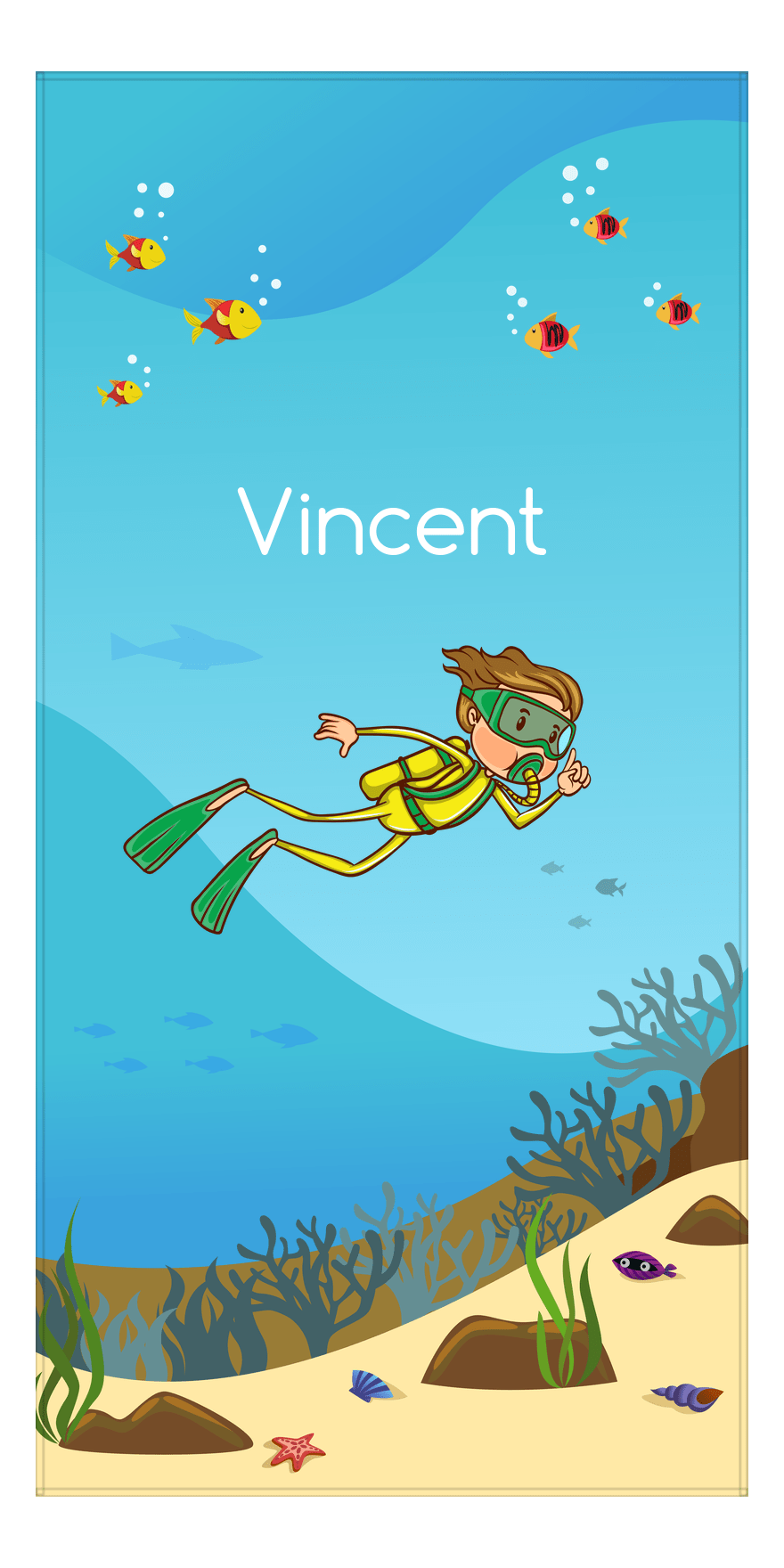 Personalized Beach-Themed Beach Towel IV - Scuba Diving - Brown Hair Boy - Front View