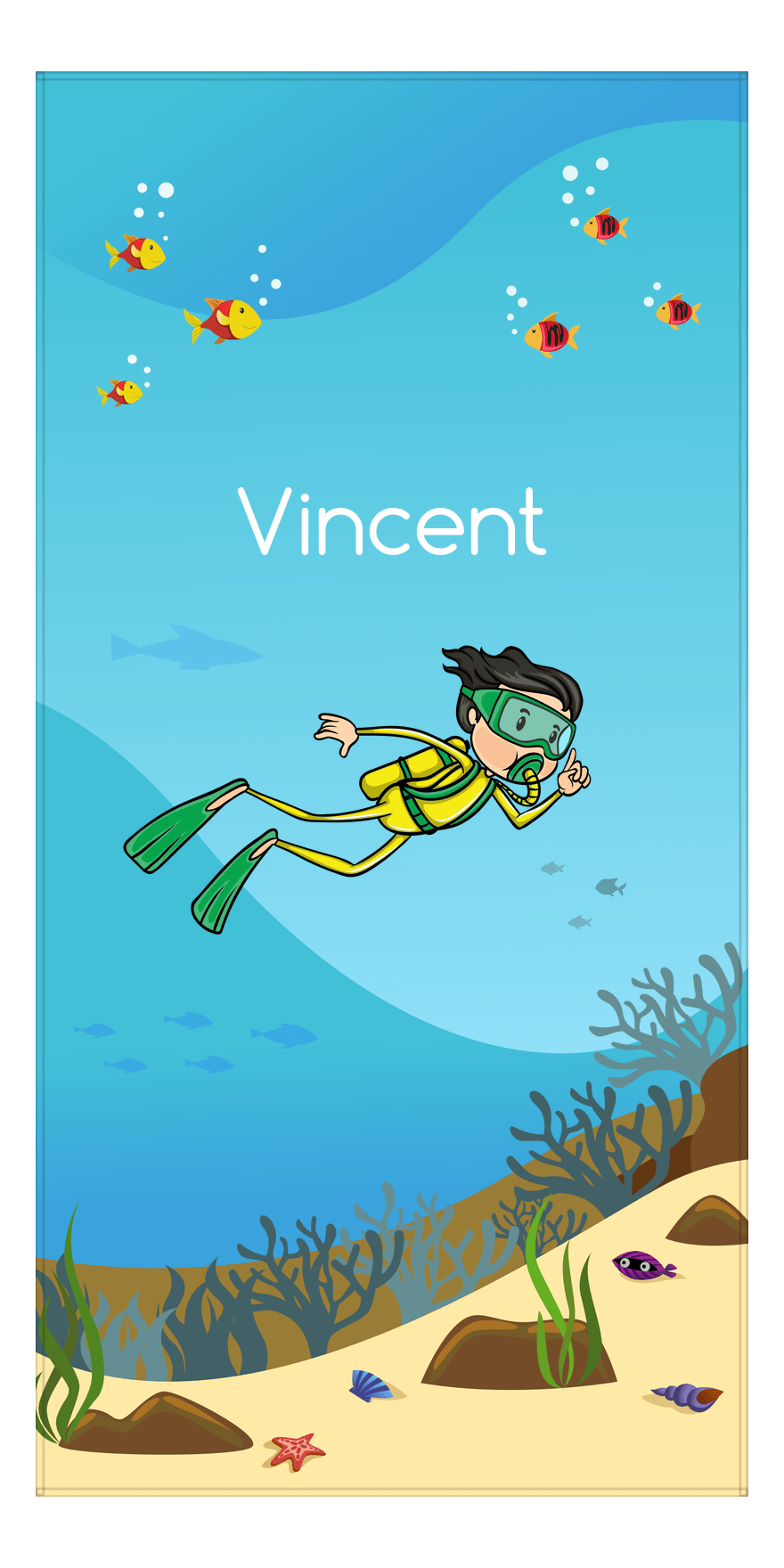 Personalized Beach-Themed Beach Towel IV - Scuba Diving - Black Hair Boy - Front View