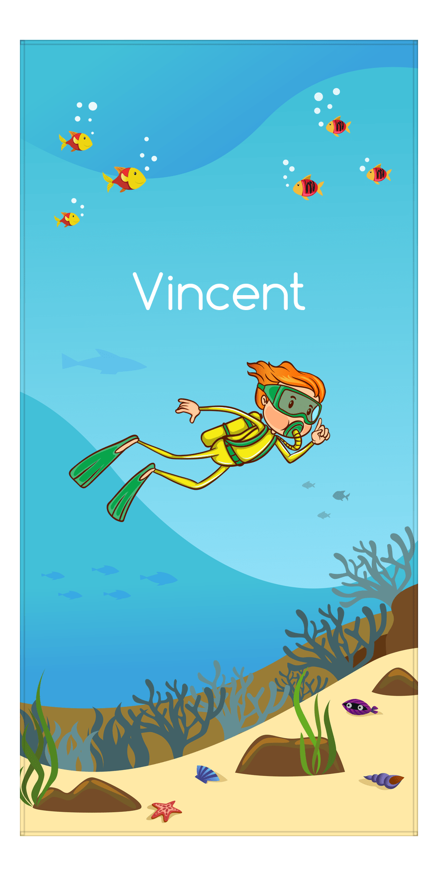 Personalized Beach-Themed Beach Towel IV - Scuba Diving - Redhead Boy - Front View