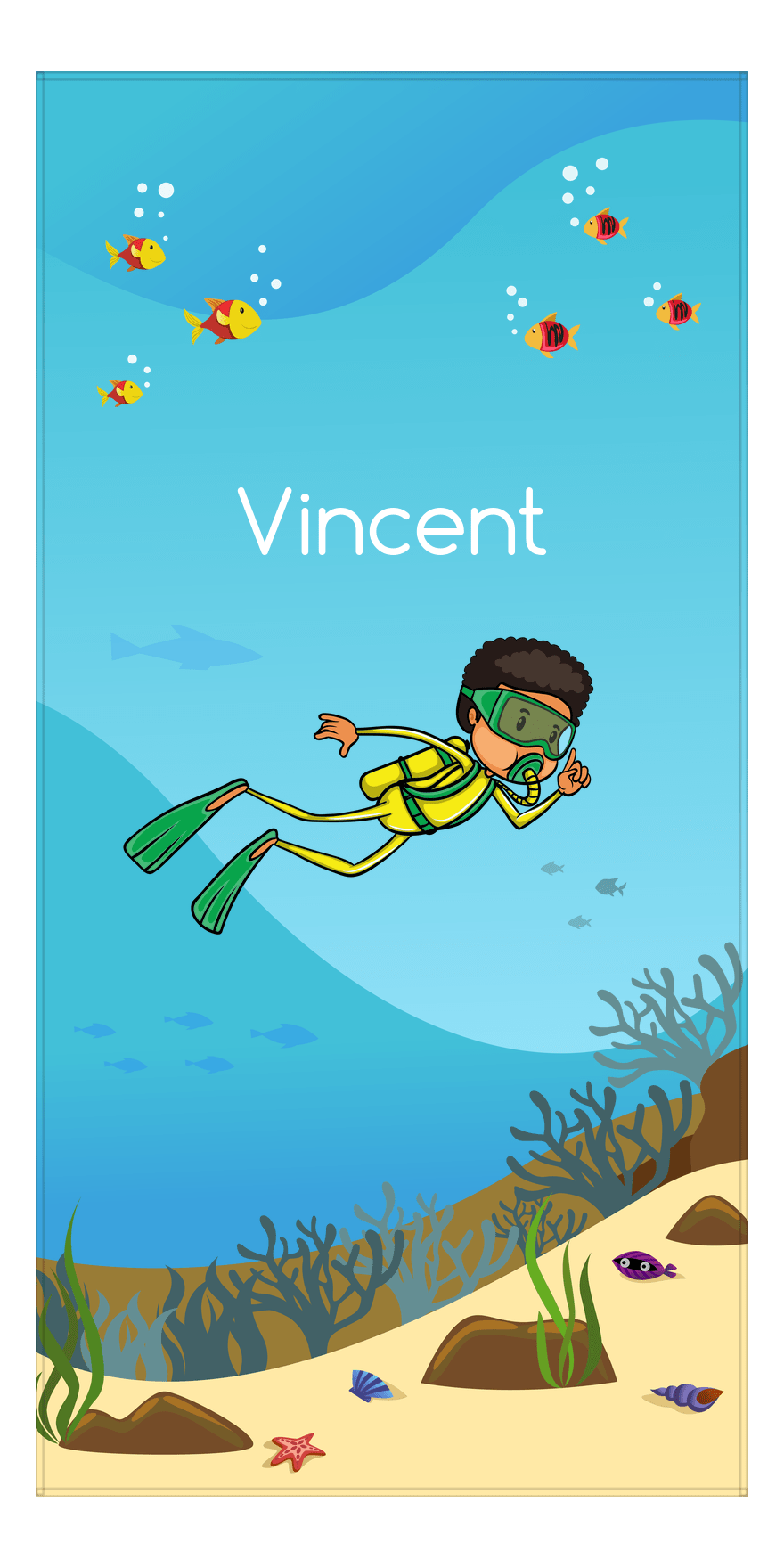 Personalized Beach-Themed Beach Towel IV - Scuba Diving - Black Boy I - Front View