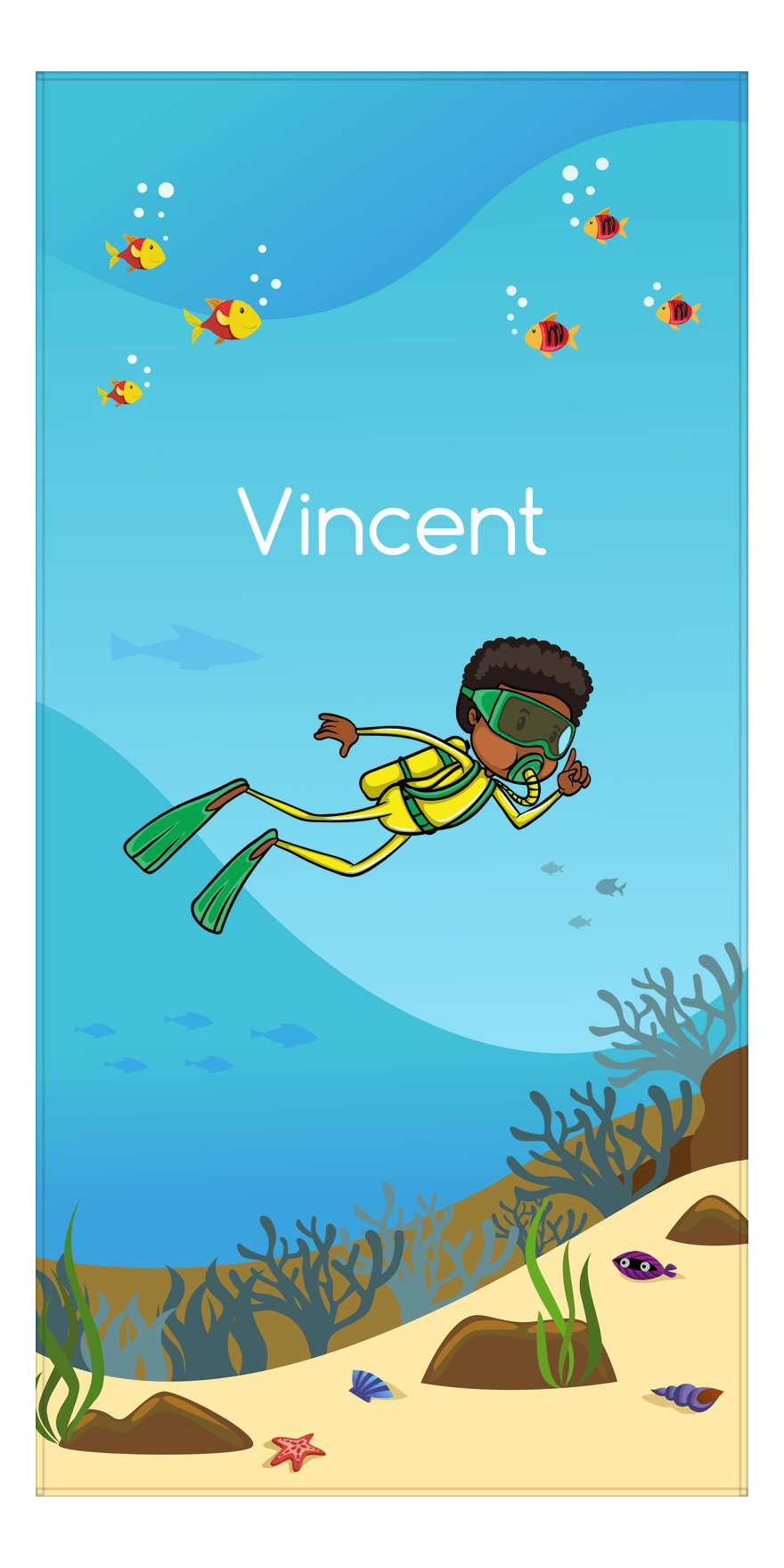 Personalized Beach-Themed Beach Towel IV - Scuba Diving - Black Boy II - Front View