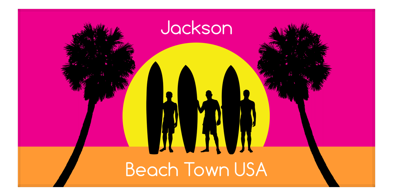 Personalized Beach-Themed Beach Towel XVII - Beach Town - Pink Background - Front View