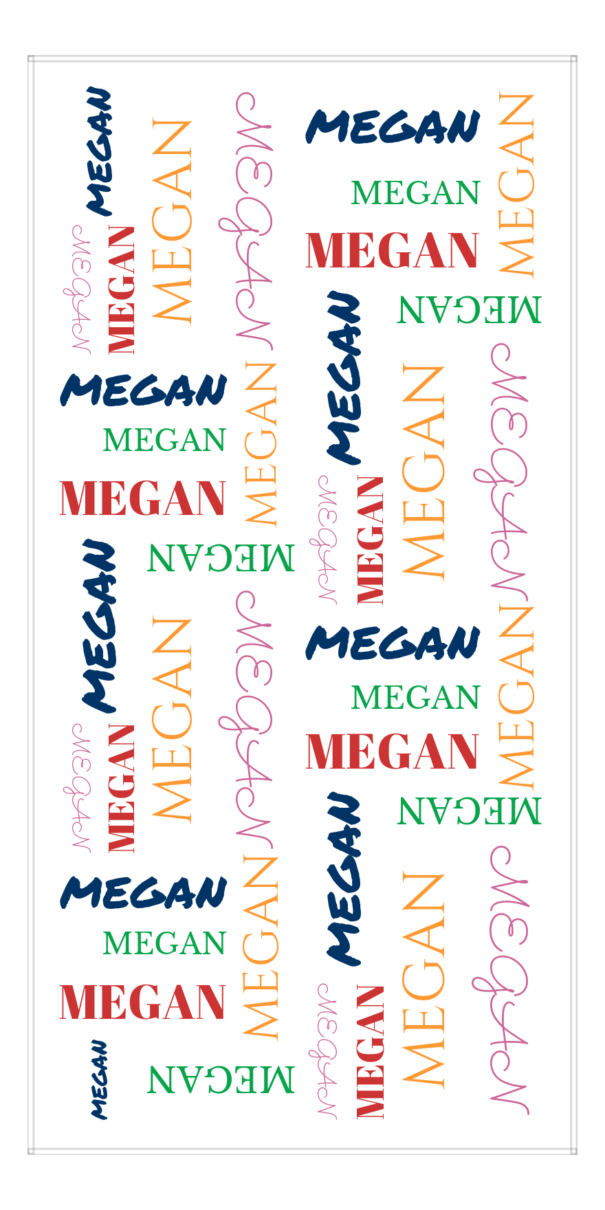 Personalized Beach Towel - Repeating Names III - Red Orange Green Navy Pink - Front View