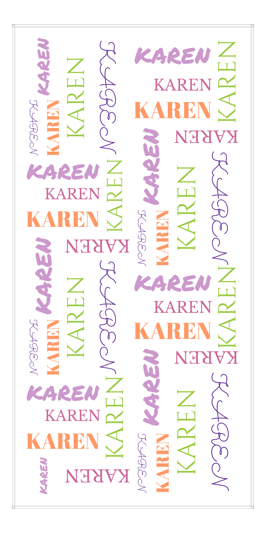 Personalized Beach Towel - Repeating Names III - Tangerine Lime Orchid Lilac Purple - Front View