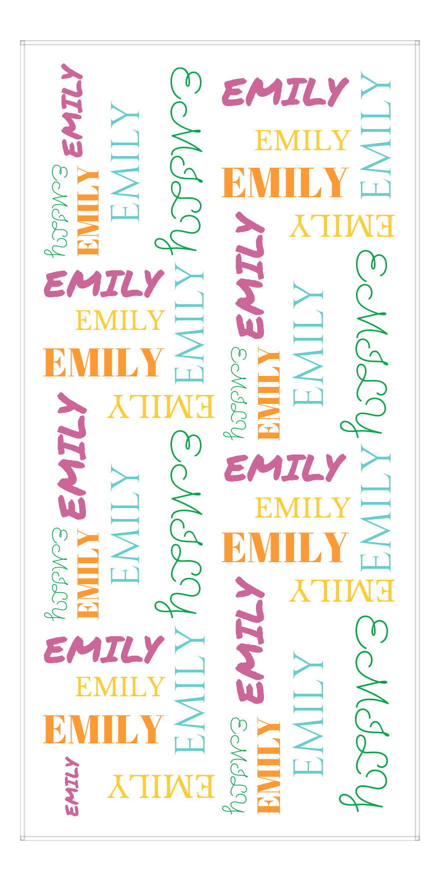 Personalized Beach Towel - Repeating Names III - Orange Teal Mustard Orchid Green - Front View