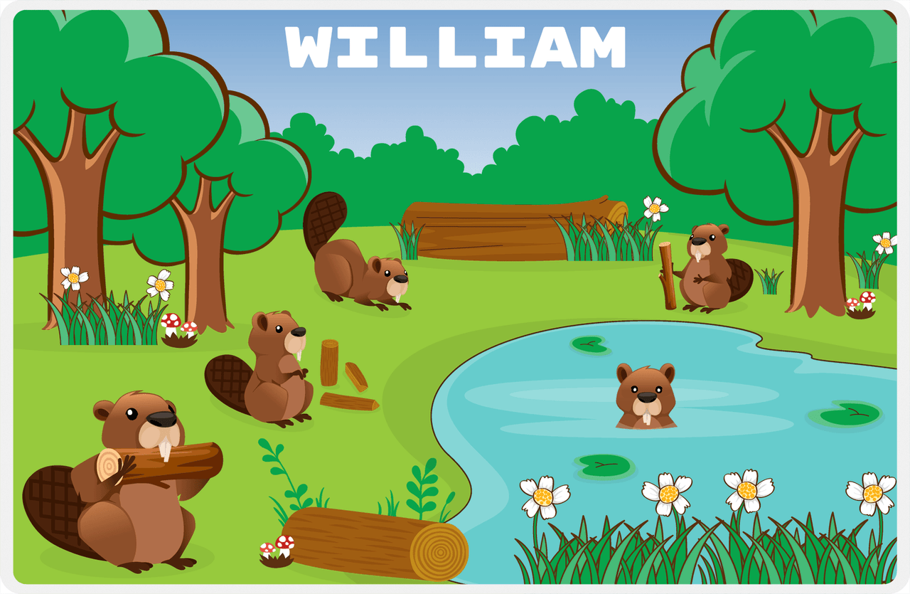Personalized Beavers Placemat X - Meadow Pond - Blue Background -  View