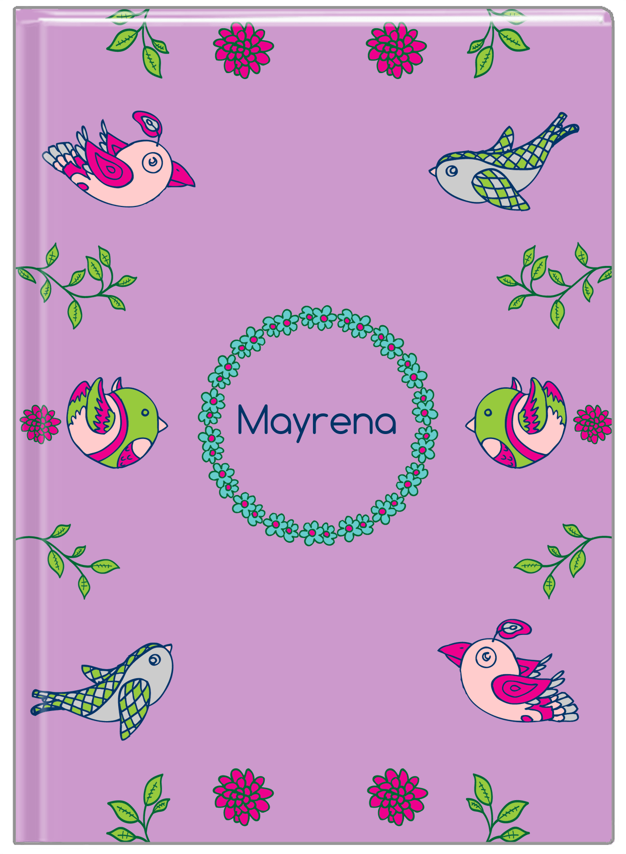 Personalized Birds Journal X - Purple Background - Circle Flower Border - Front View