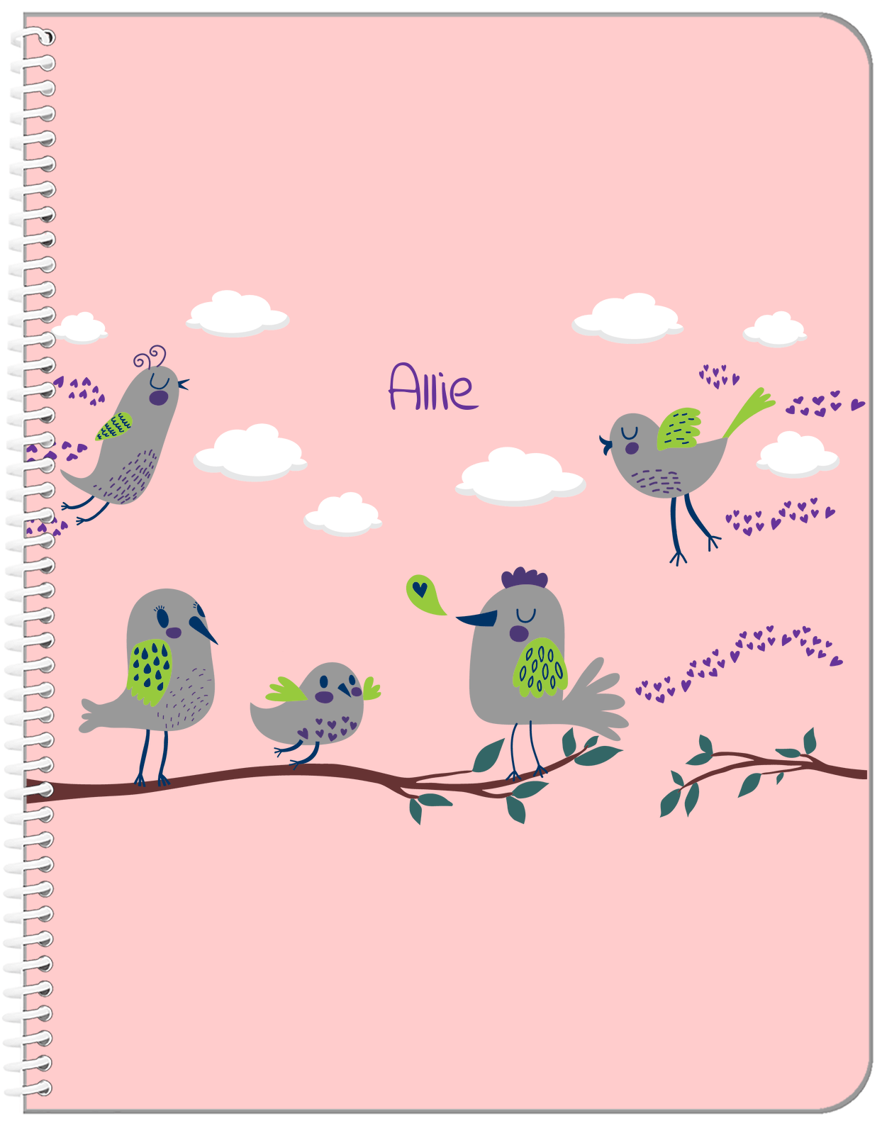 Personalized Birds Notebook I - Pink Background - Front View