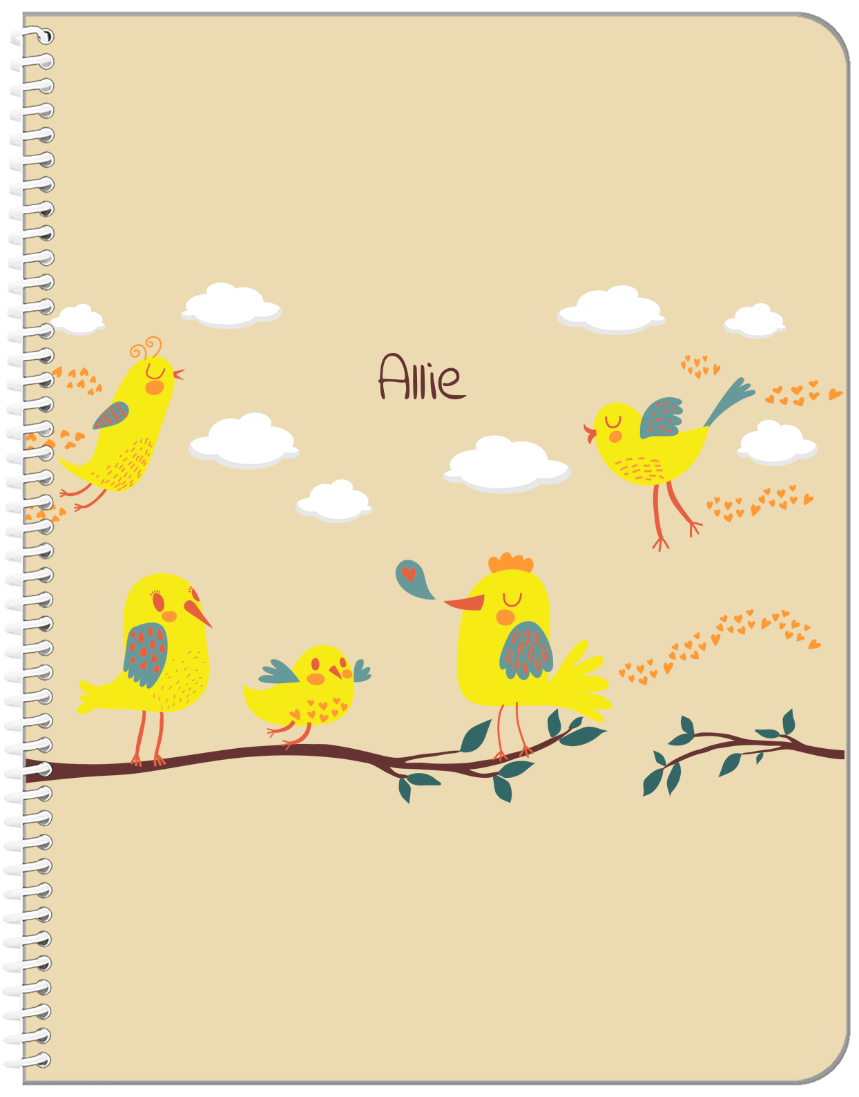 Personalized Birds Notebook I - Tan Background - Front View
