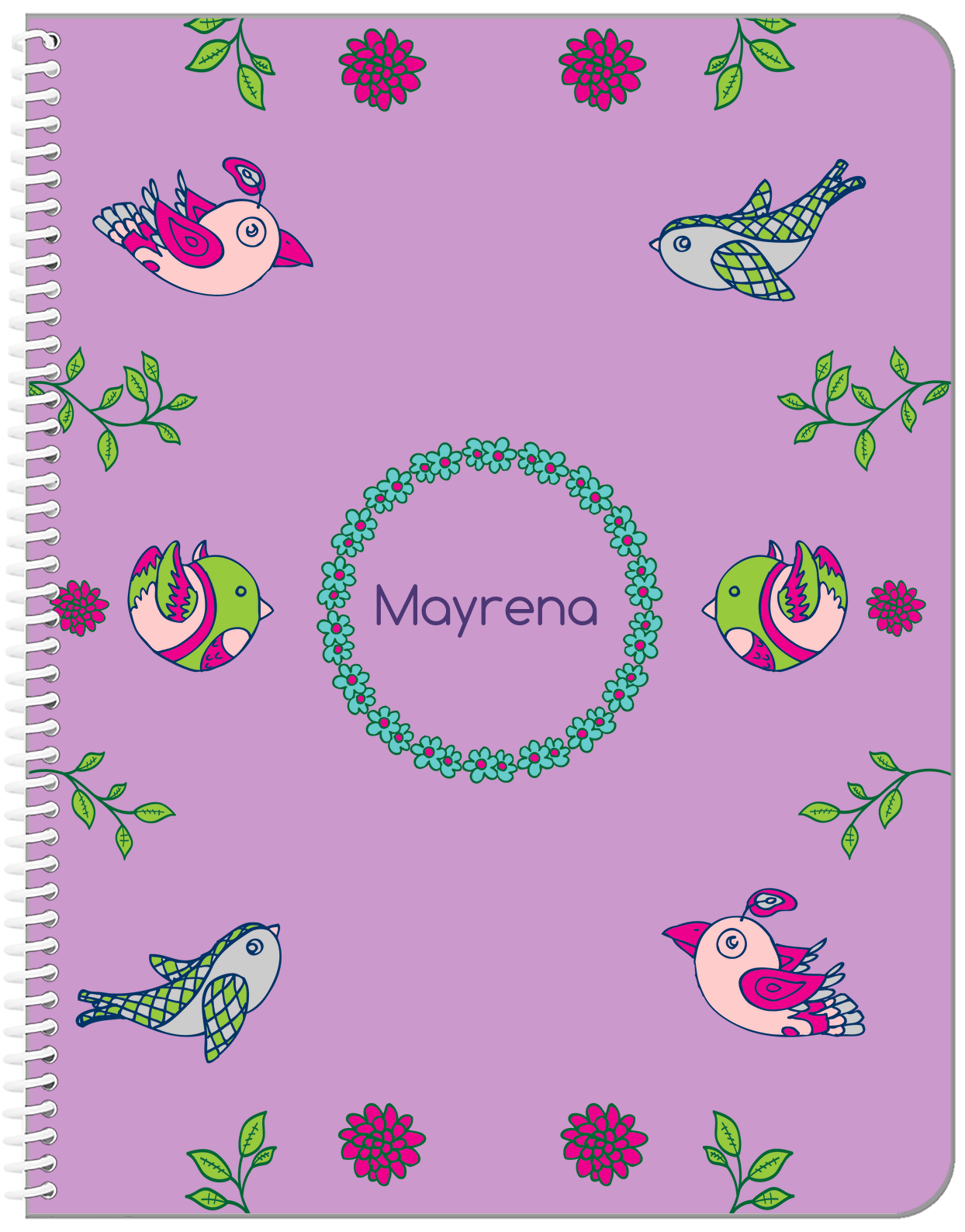 Personalized Birds Notebook X - Purple Background - Circle Flower Border - Front View