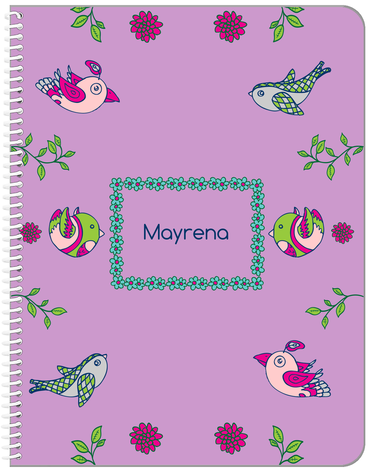 Personalized Birds Notebook X - Purple Background - Rectangle Flower Border - Front View