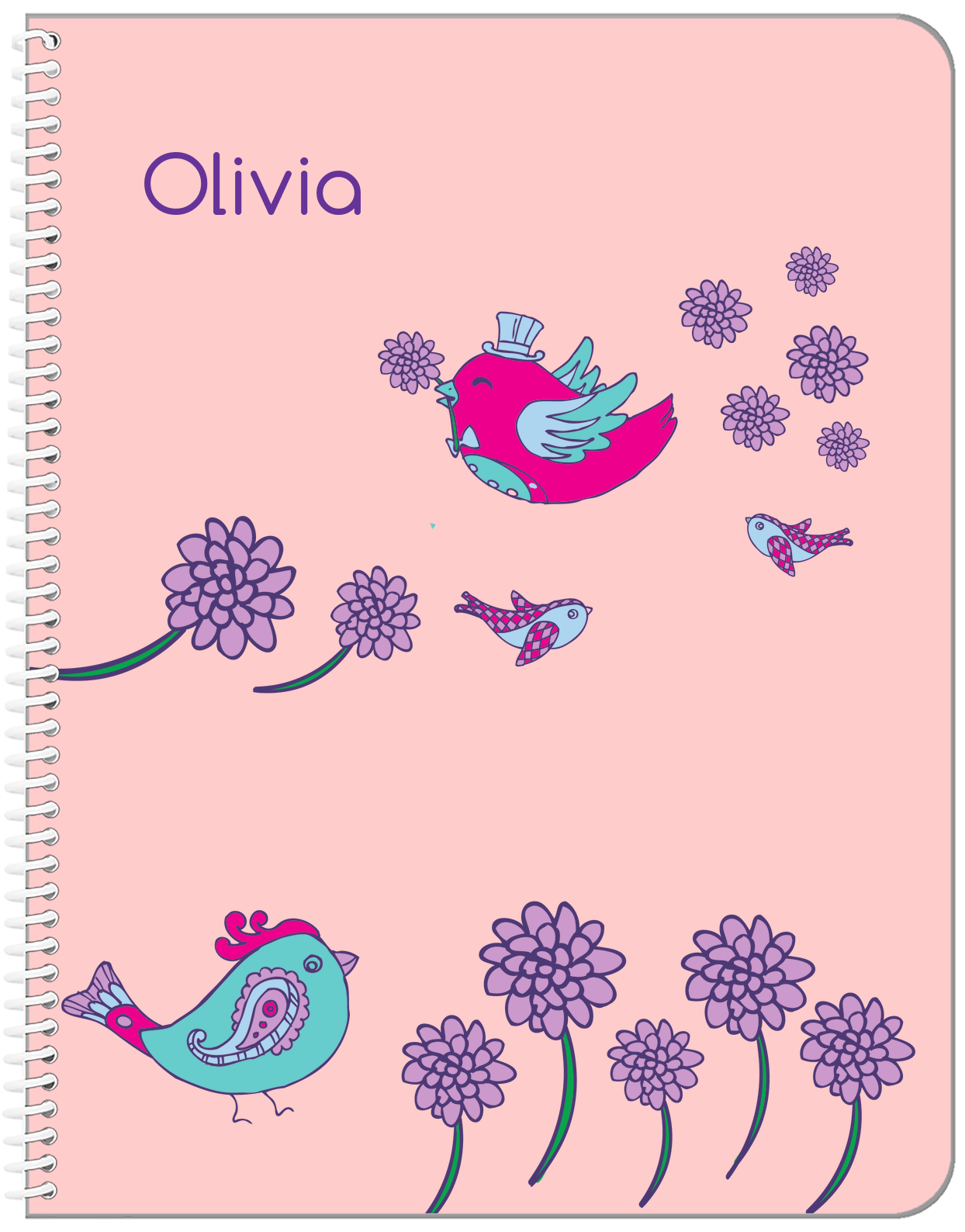 Personalized Birds Notebook VI - Pink Background - Front View