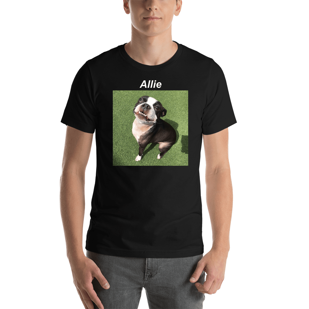 Personalized Black T-Shirt - Upload Your Square Image - Text Above Photo - Shirt View