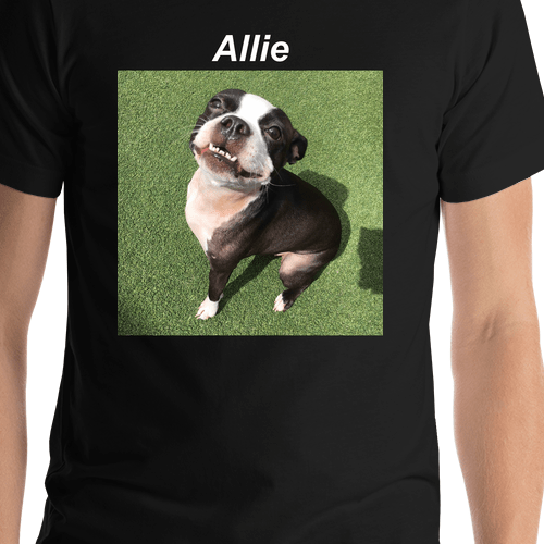 Personalized Black T-Shirt - Upload Your Square Image - Text Above Photo - Shirt Close-Up View