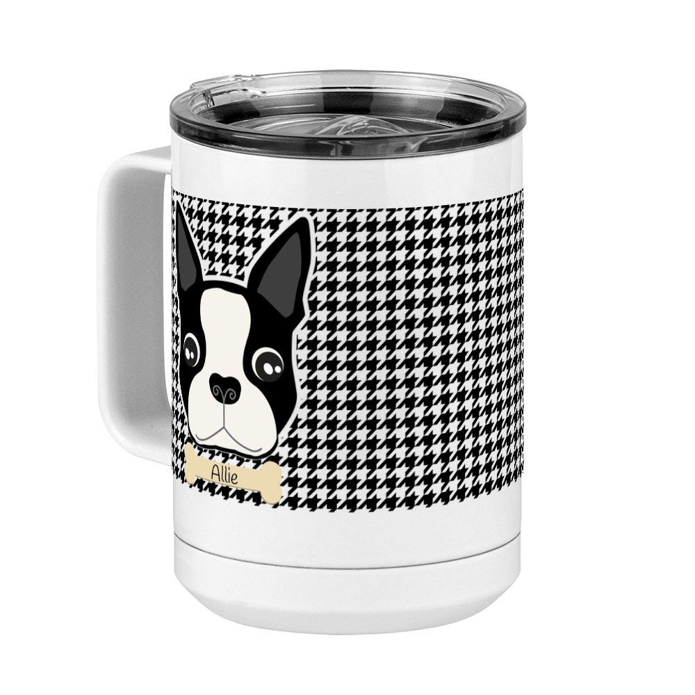 Personalized Boston Terrier Houndstooth Coffee Mug Tumbler with Handle (15 oz) - Front Left View