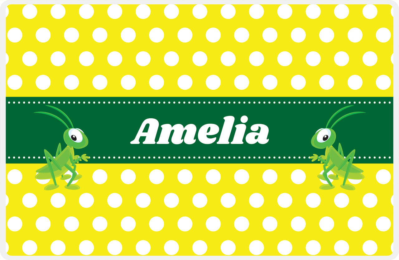 Personalized Bugs Placemat I - Yellow Polka Dots - Grasshopper -  View