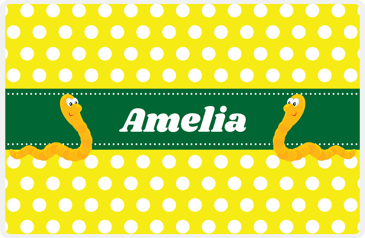 Personalized Bugs Placemat I - Yellow Polka Dots - Worm -  View