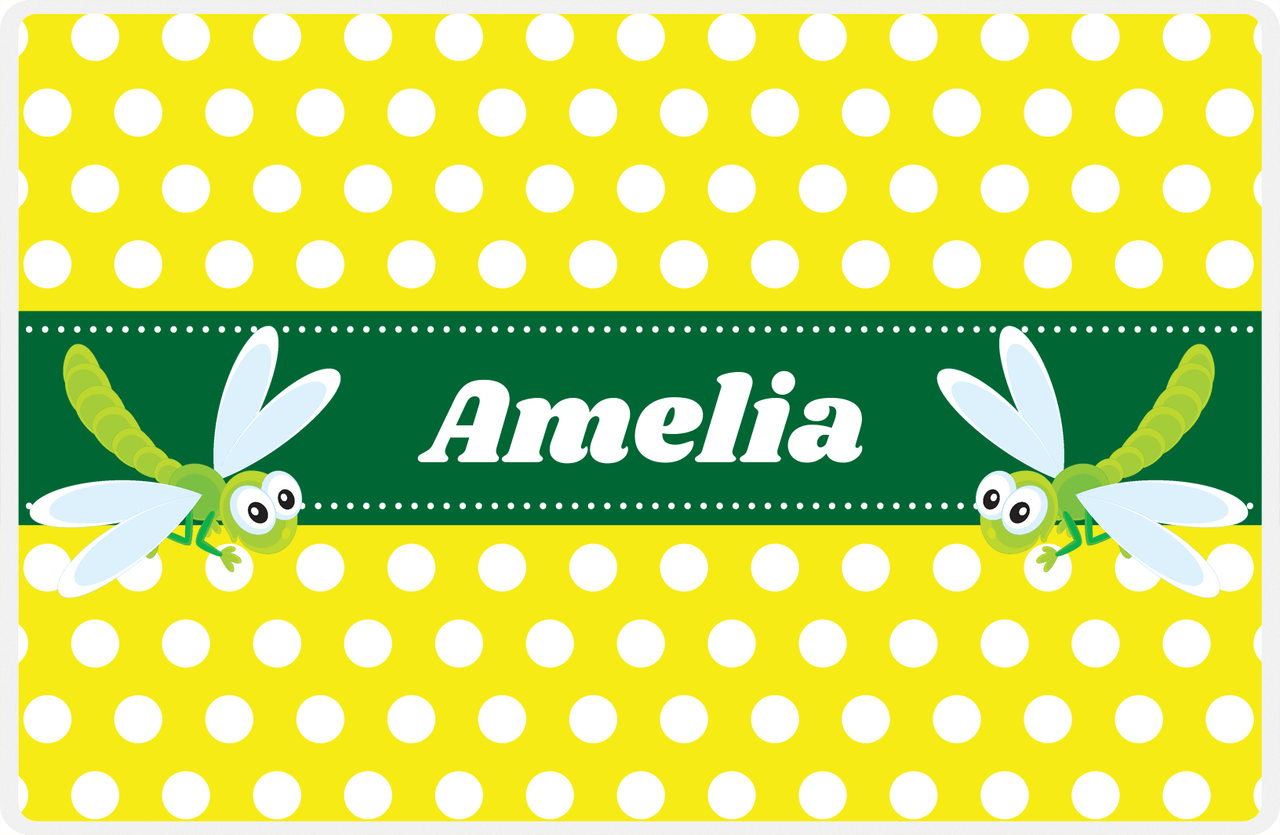 Personalized Bugs Placemat I - Yellow Polka Dots - Dragonfly -  View