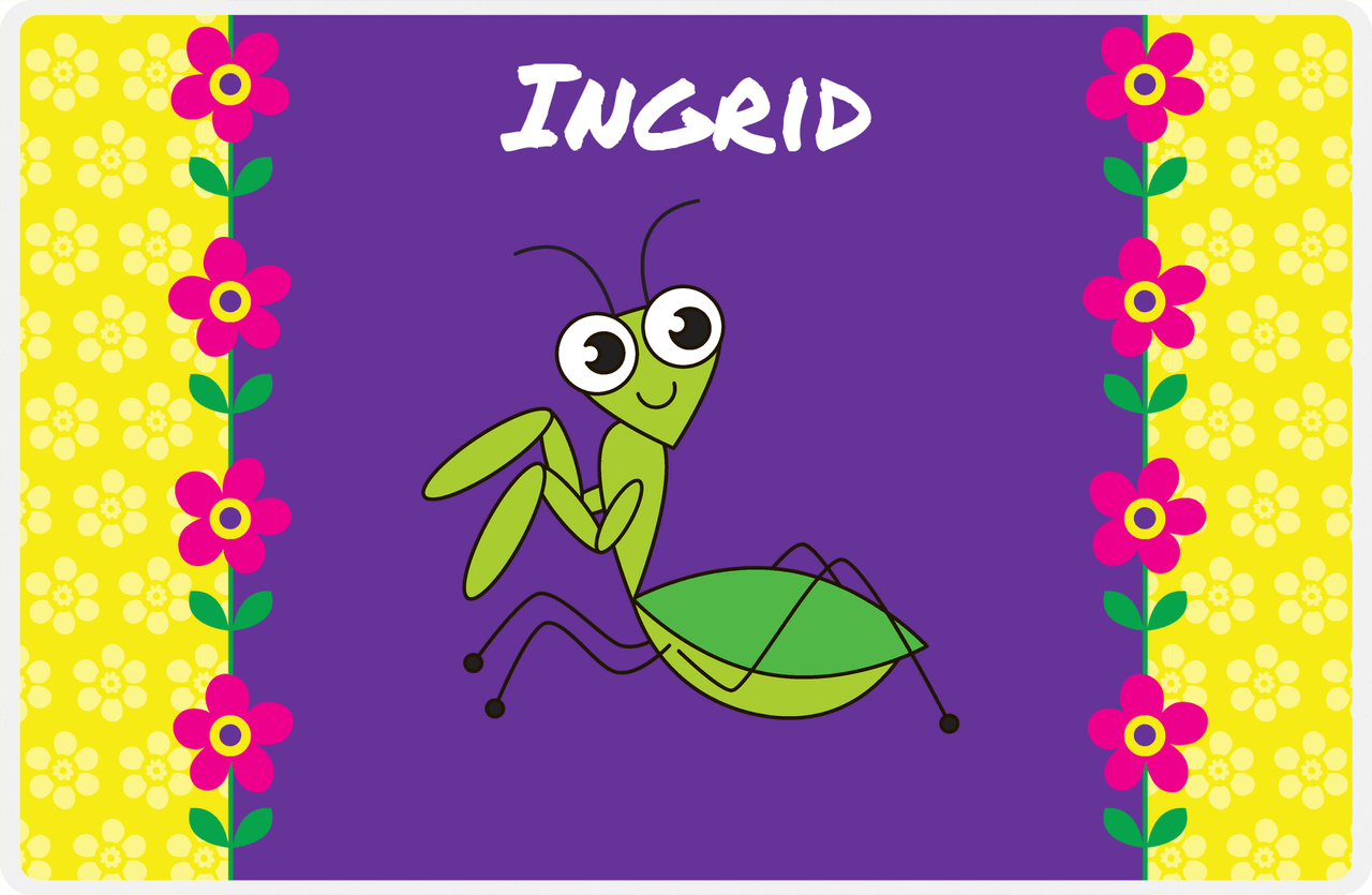 Personalized Bugs Placemat VIII - Purple Background - Preying Mantis -  View