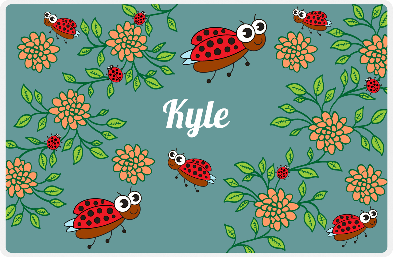 Personalized Bugs Placemat X - Teal Background - Ladybug -  View