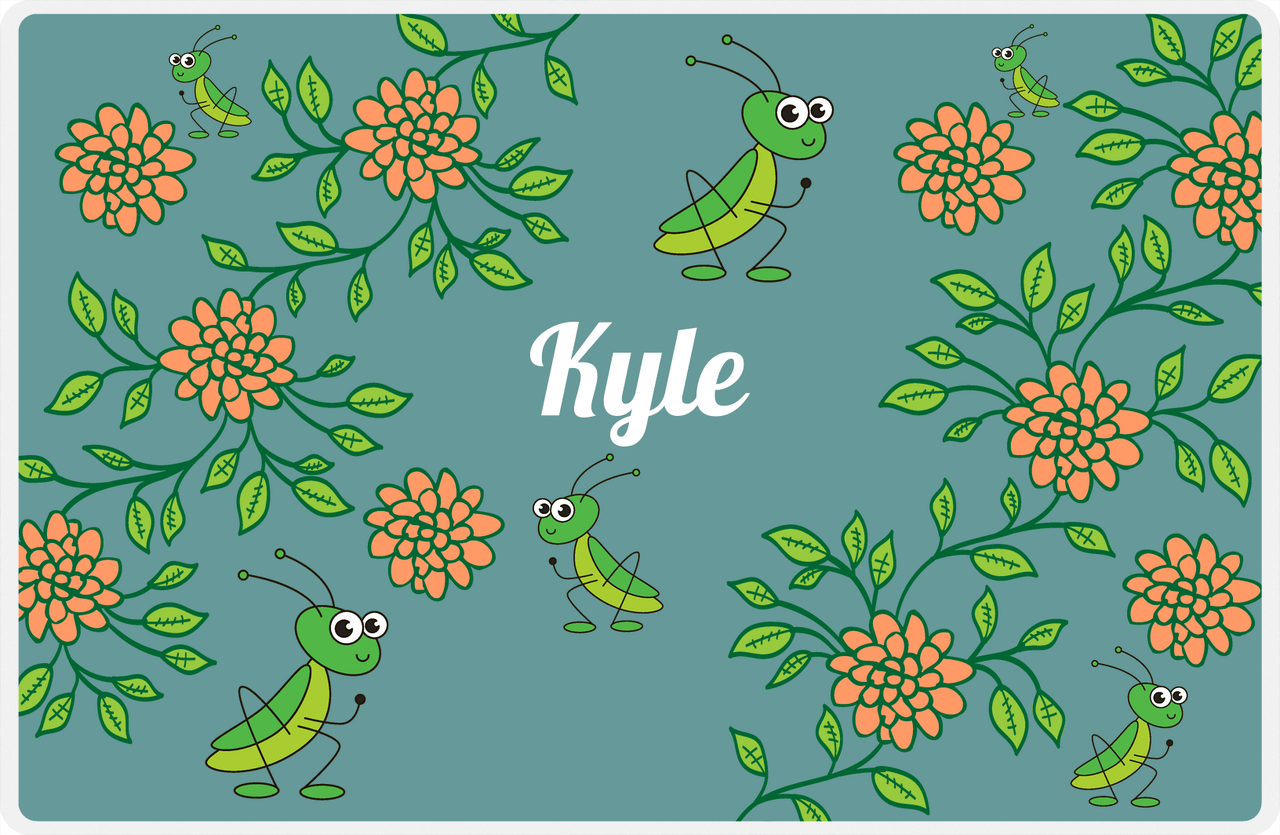 Personalized Bugs Placemat X - Teal Background - Grasshopper -  View