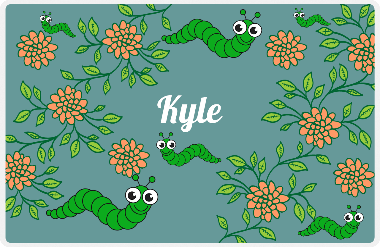 Personalized Bugs Placemat X - Teal Background - Caterpillar -  View