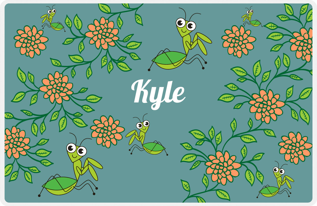 Personalized Bugs Placemat X - Teal Background - Preying Mantis -  View