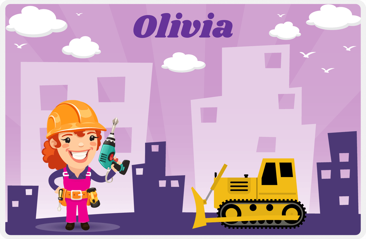 Personalized Builder Tools Placemat I - City Bulldozer - Redhead Girl -  View