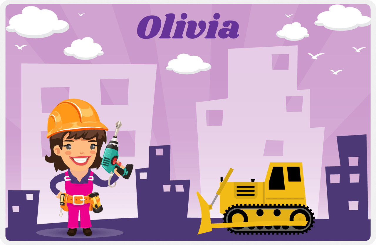 Personalized Builder Tools Placemat I - City Bulldozer - Brunette Girl -  View