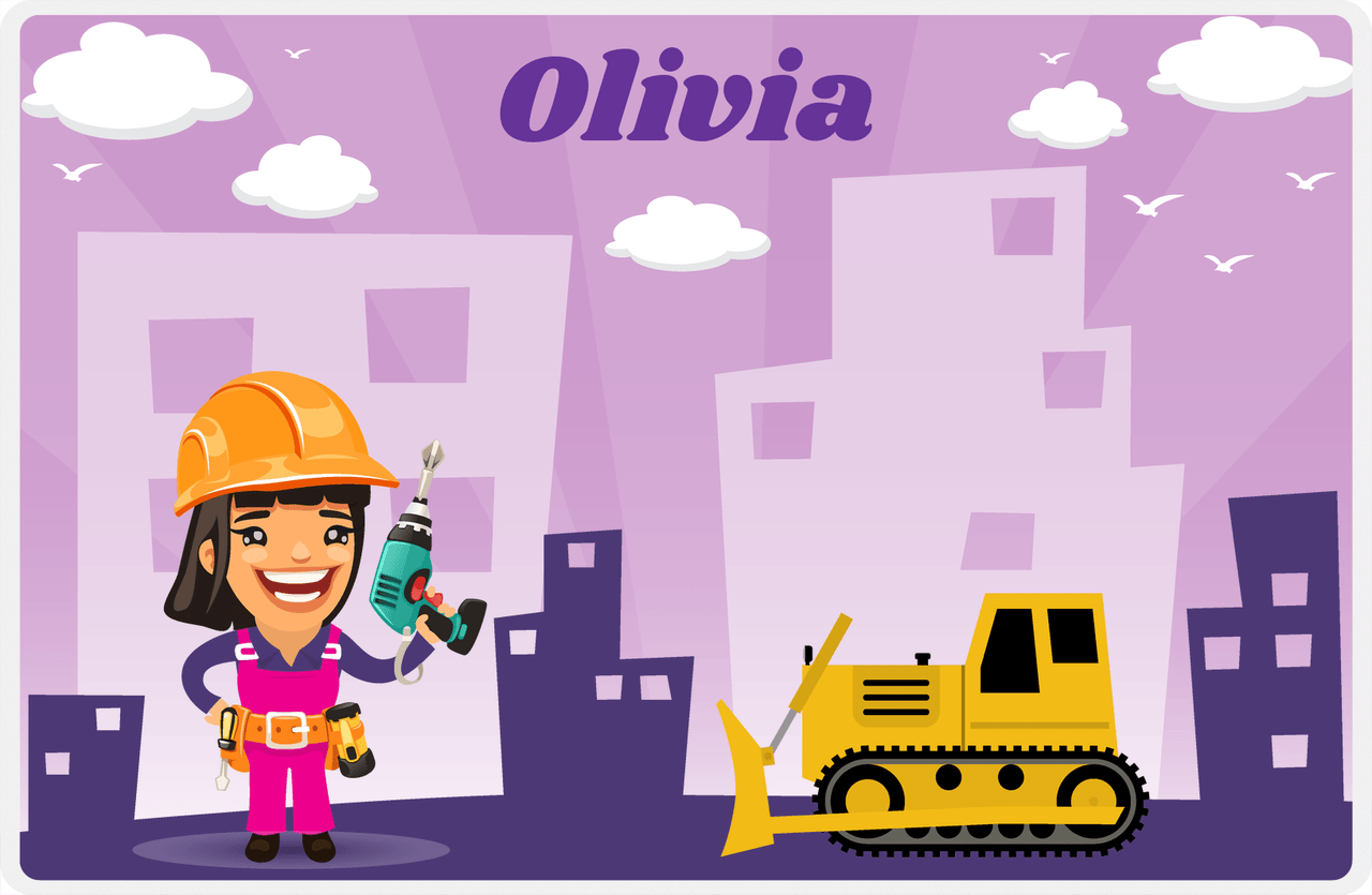 Personalized Builder Tools Placemat I - City Bulldozer - Black Hair Girl -  View