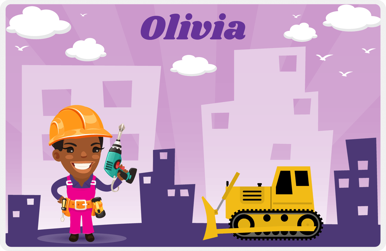 Personalized Builder Tools Placemat I - City Bulldozer - Black Girl II -  View