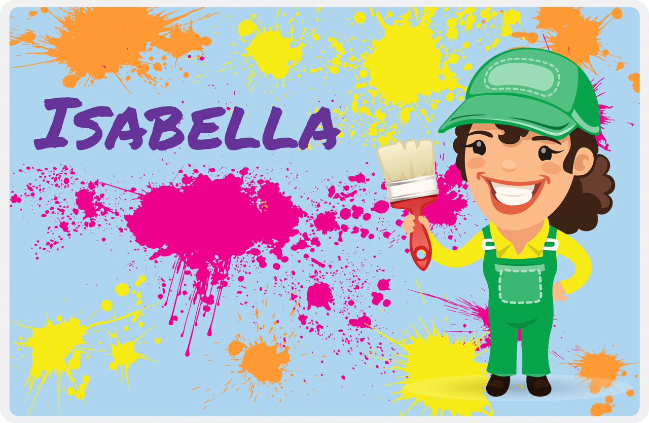 Personalized Builder Tools Placemat III - Paint Splatter - Brunette Girl -  View