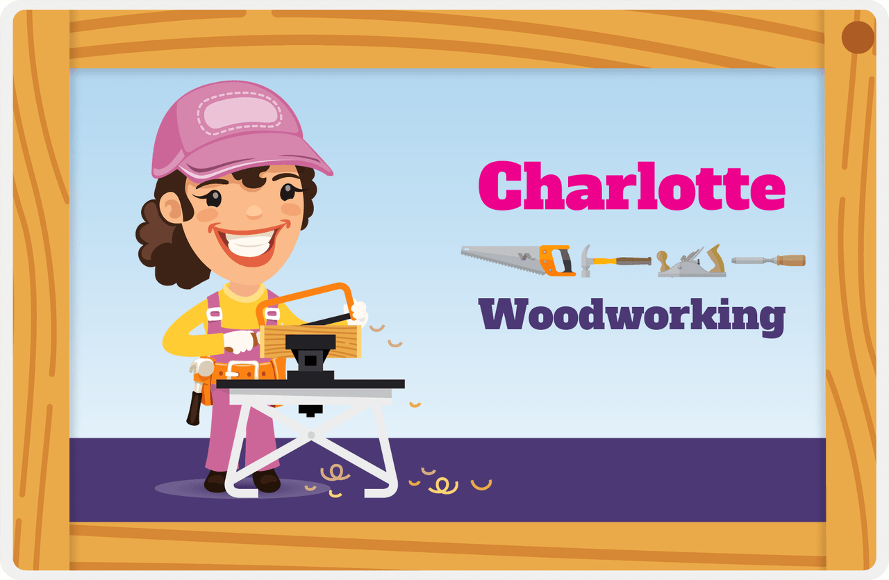 Personalized Builder Tools Placemat VIII - Woodworking - Brunette Girl -  View