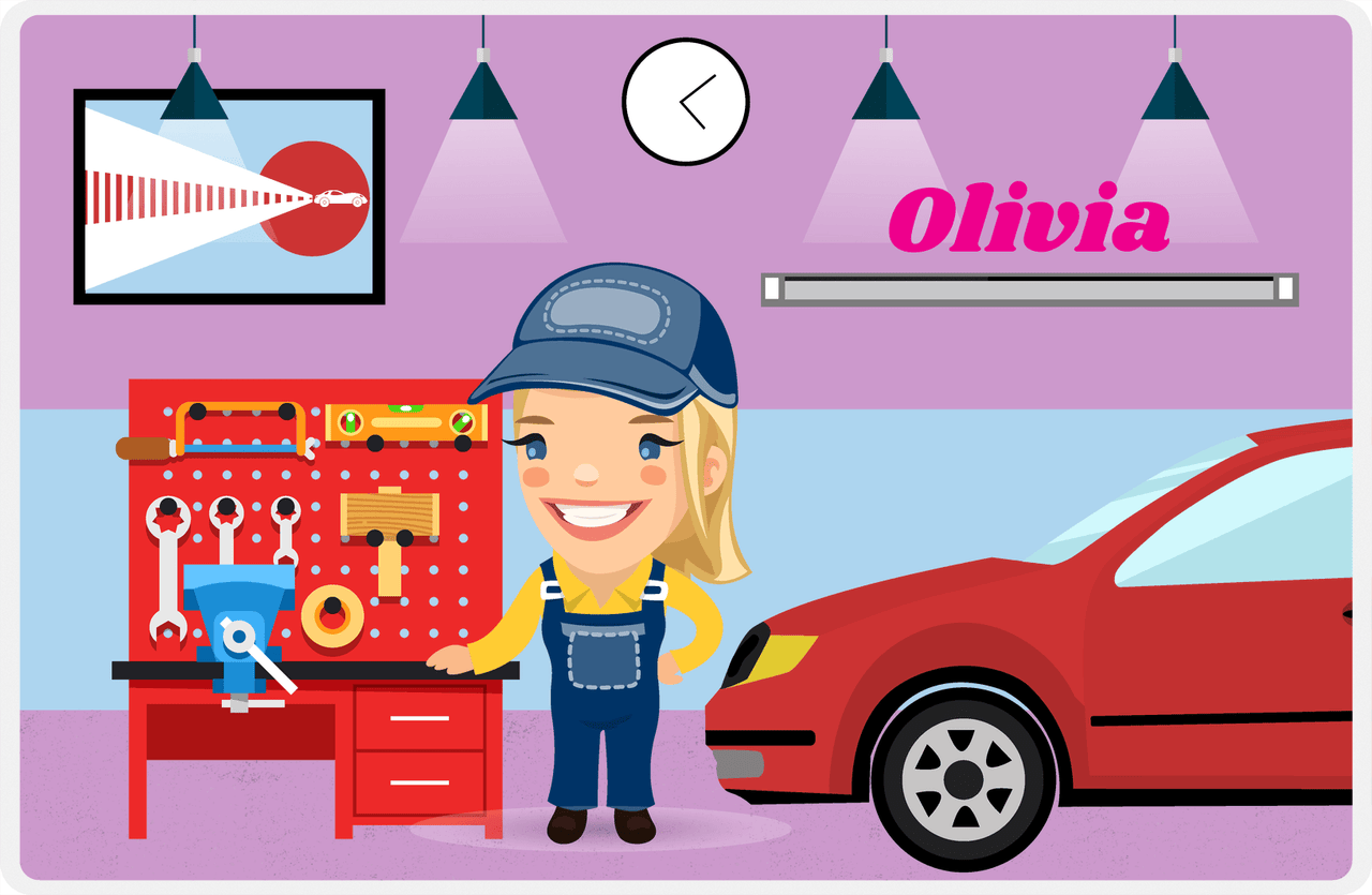 Personalized Builder Tools Placemat X - Car Garage - Blonde Girl -  View