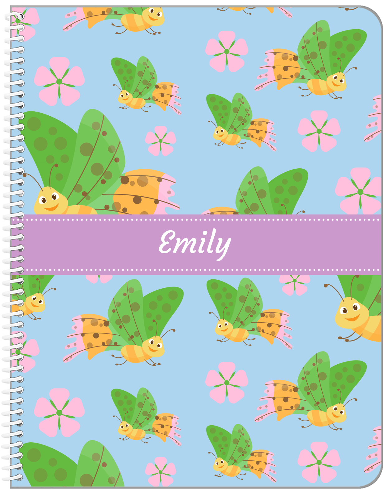 Personalized Butterfly Notebook I - Blue Background - Green Butterflies I - Front View