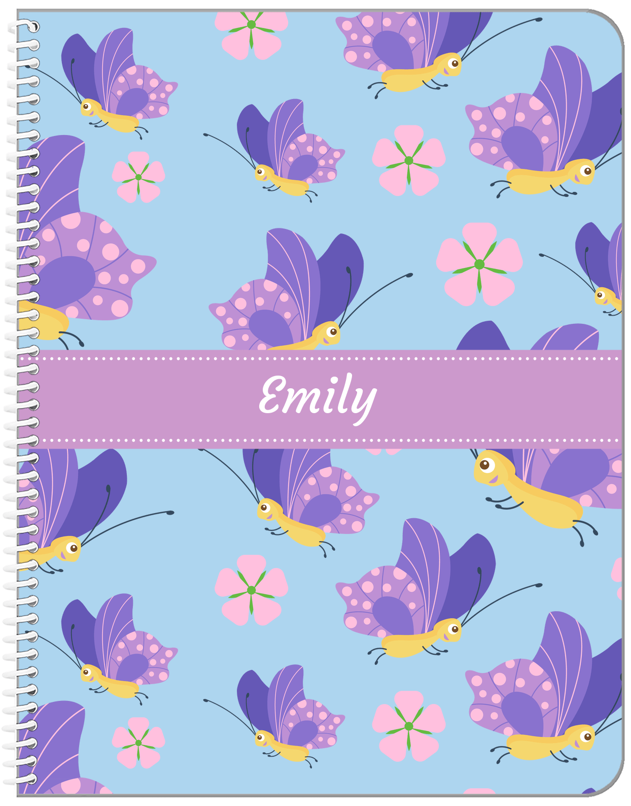 Personalized Butterfly Notebook I - Blue Background - Purple Butterflies I - Front View