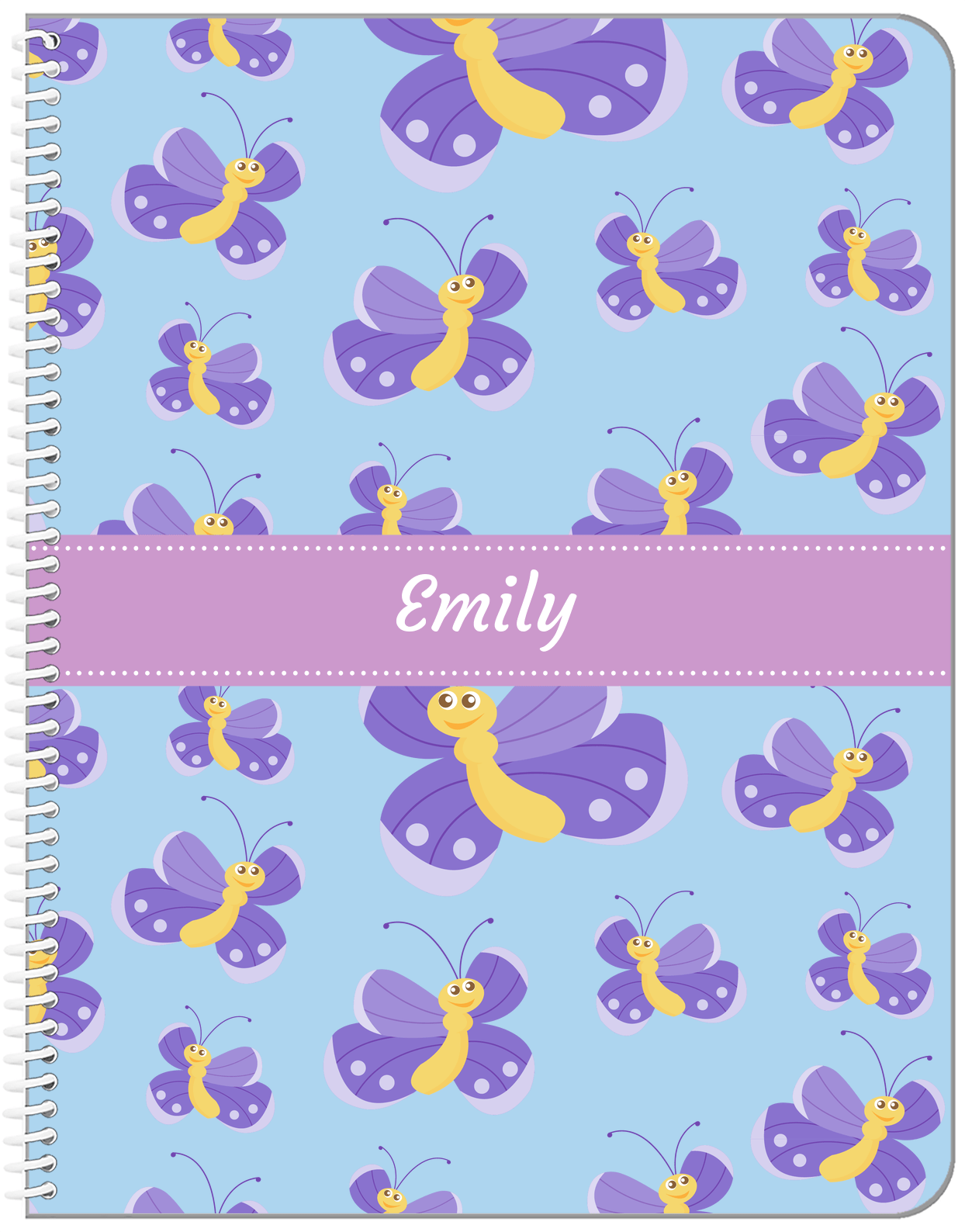 Personalized Butterfly Notebook I - Blue Background - Purple Butterflies II - Front View