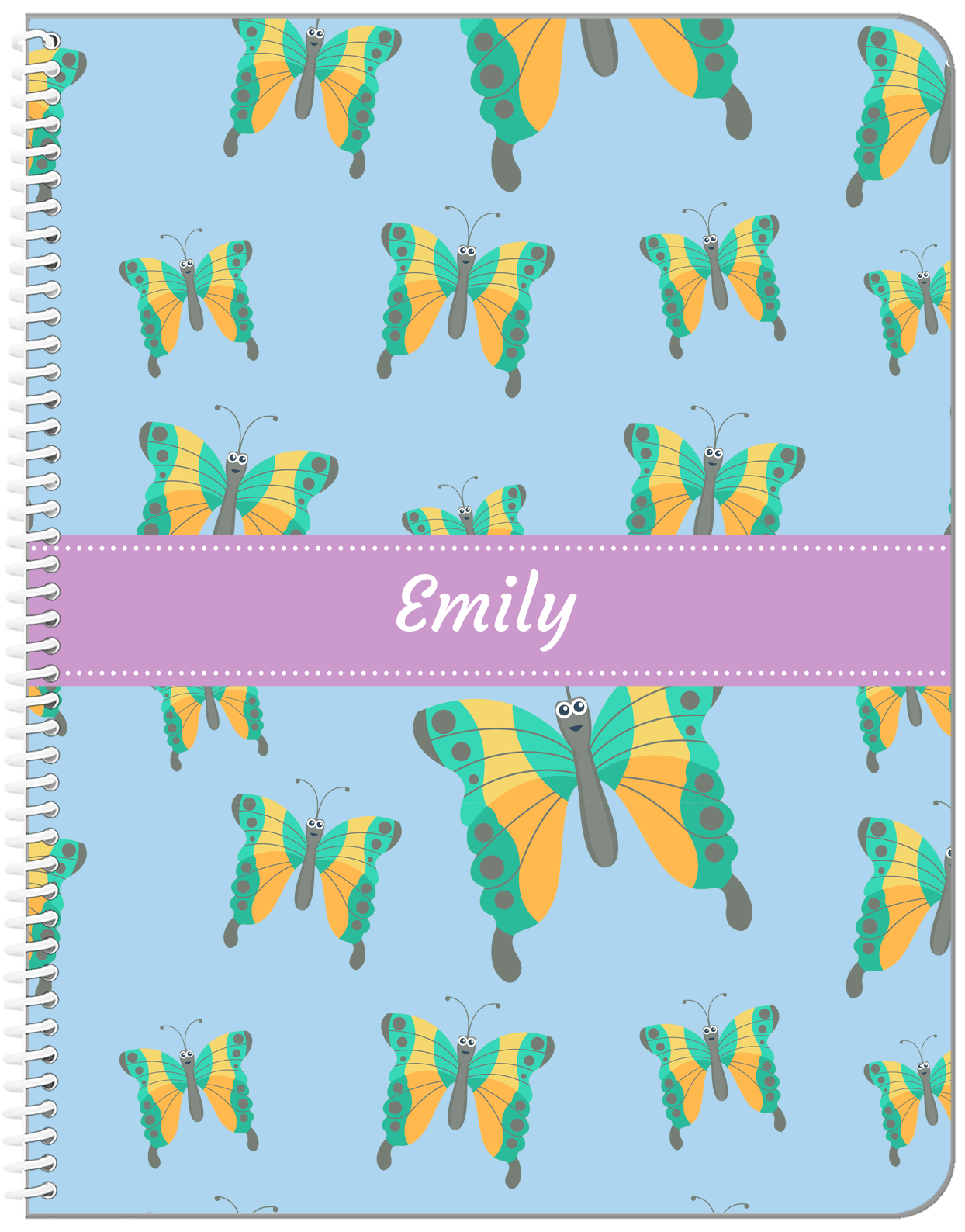 Personalized Butterfly Notebook I - Blue Background - Green Butterflies II - Front View