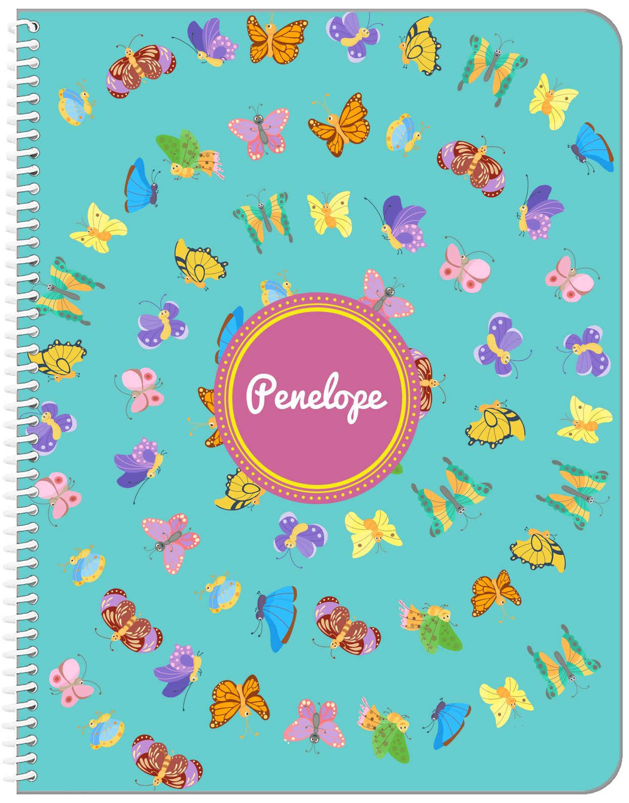 Personalized Butterfly Notebook III - Teal Background - Circle Nameplate - Front View