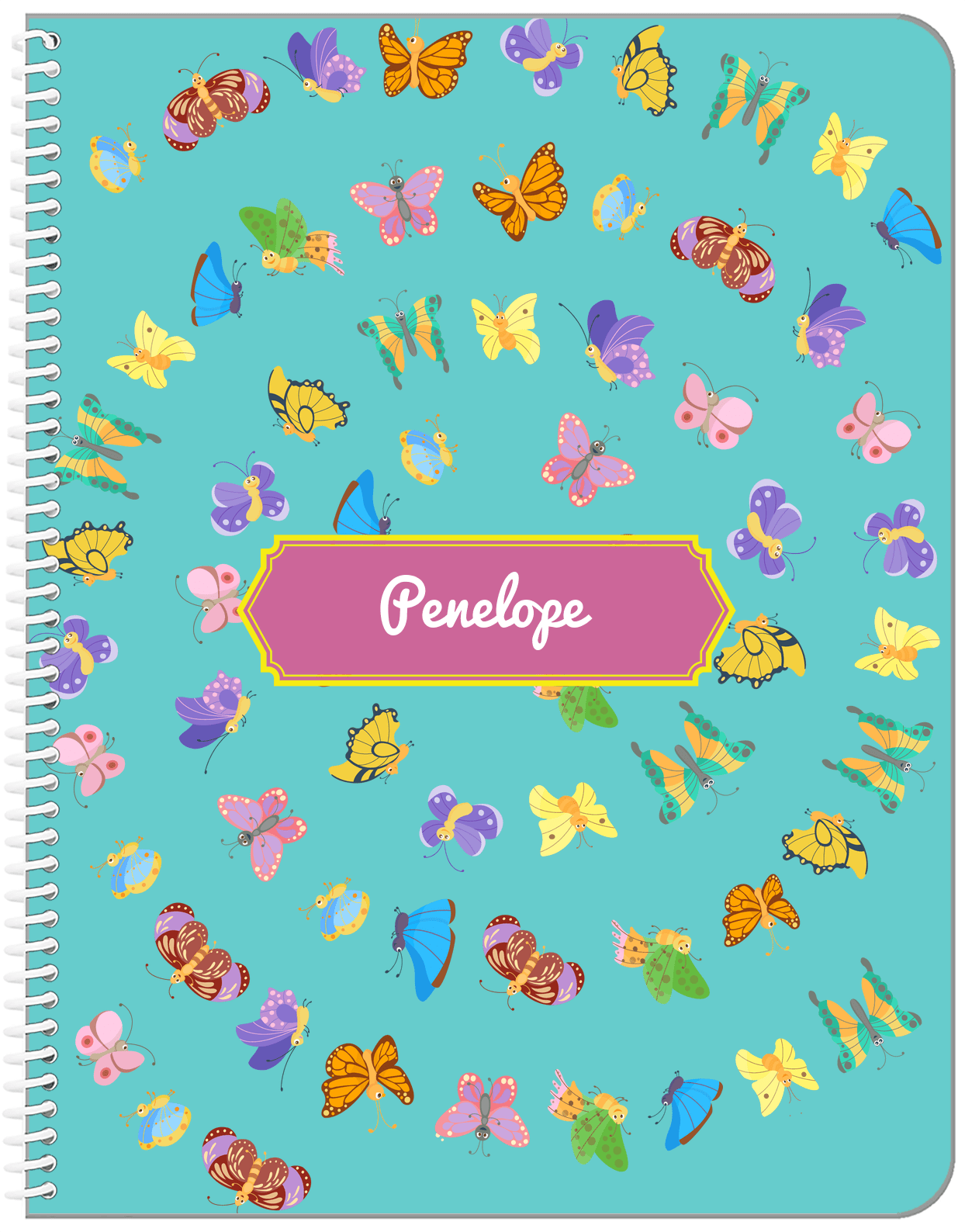 Personalized Butterfly Notebook III - Teal Background - Decorative Rectangle Nameplate - Front View